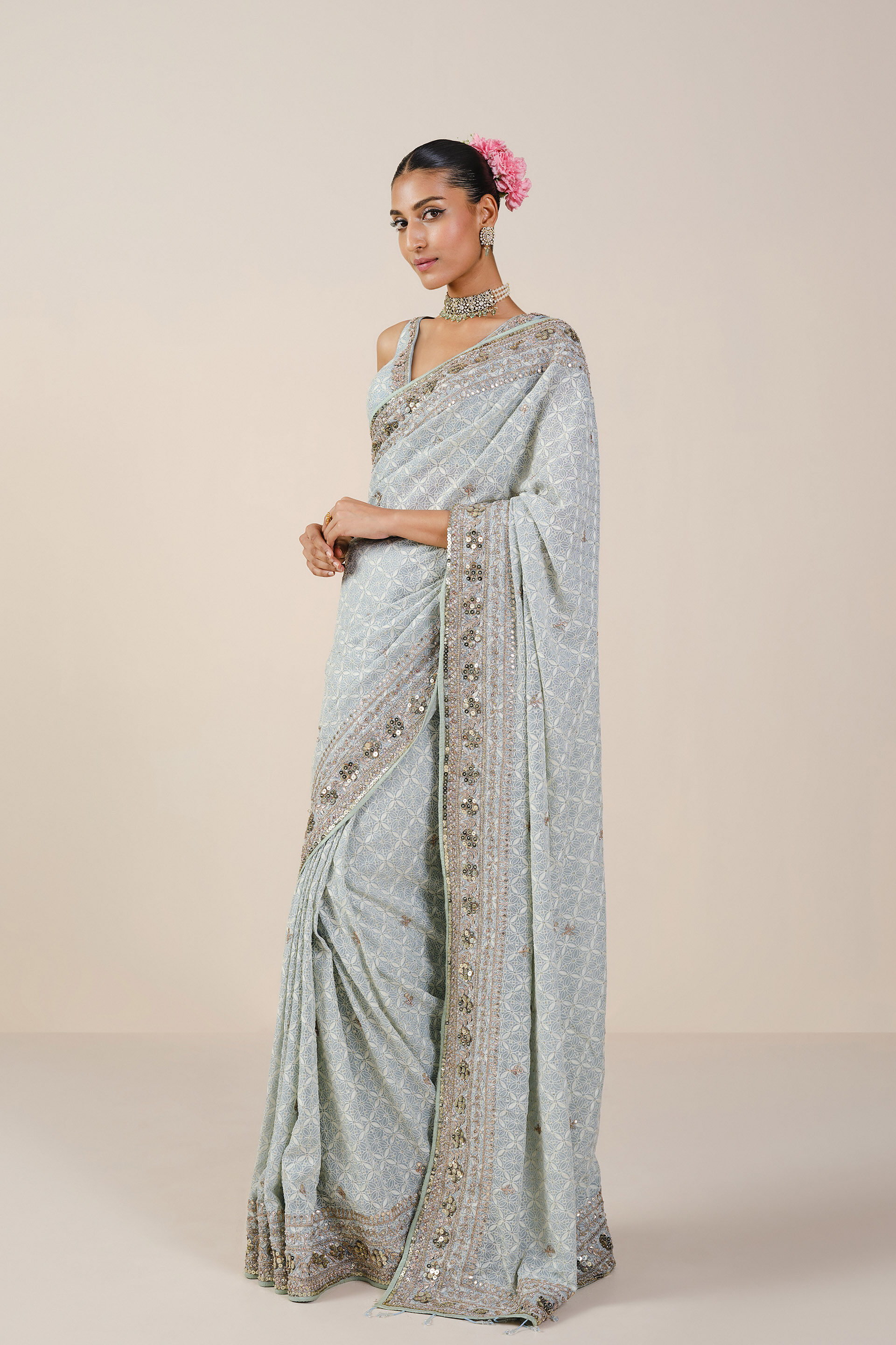 Aaloka Embroidered Georgette Saree - Powder Blue